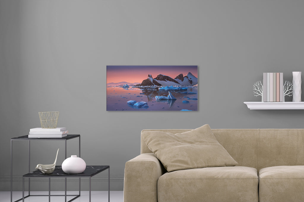 Aufgehängtes Wandbild einer Öl Malerei der Antarktis bei Sonnenuntergang hinter Acrylglas oder als Poster