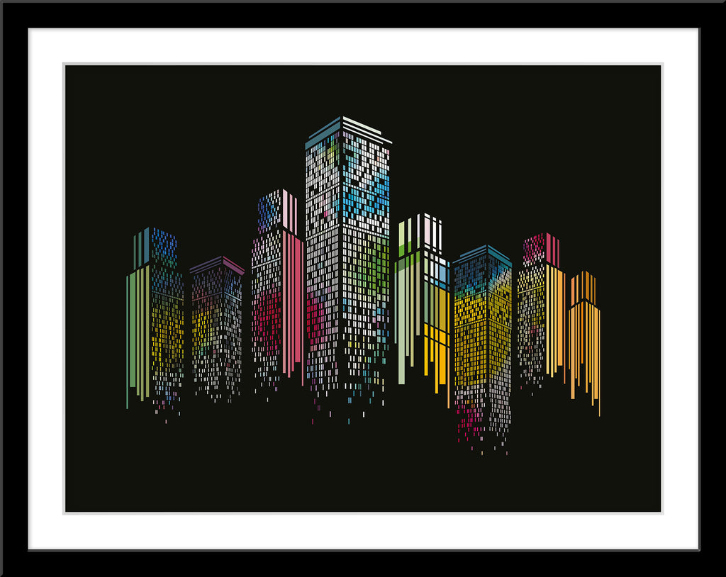 Wandbild einer Illustration von Hochhäusern. Fotokunst online kaufen. Im Rahmen