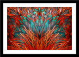 Abstrakte Fotografie von roten und grünen Federn. Fotokunst online kaufen. Wandbild im Rahmen