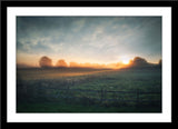 Natur Fotografie von einem Feld mit Nebel bei Sonnenaufgang. Fotokunst online kaufen. Wandbild im Rahmen