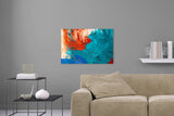 Aufgehängte Fotografie von abstrakter Malerei in Blau, Rot und Weiß. Fotokunst online kaufen. Wandbild hinter Acrylglas oder als Poster