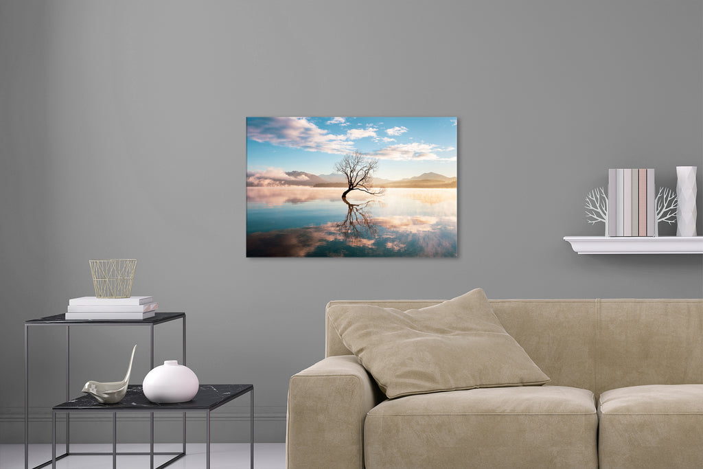 Aufgehängte Natur Fotografie eines Baums im Lake Wanaka. Fotokunst online kaufen. Wandbild hinter Acrylglas oder als Poster