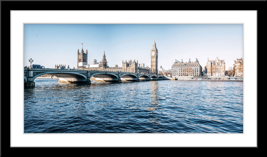 Stadt Fotografie von der Themse, dem Big Ben, den Houses of Parliament, Palace of Westminster in London im Panorama Format. Fotokunst und Bilder online kaufen. Wandbild im Rahmen