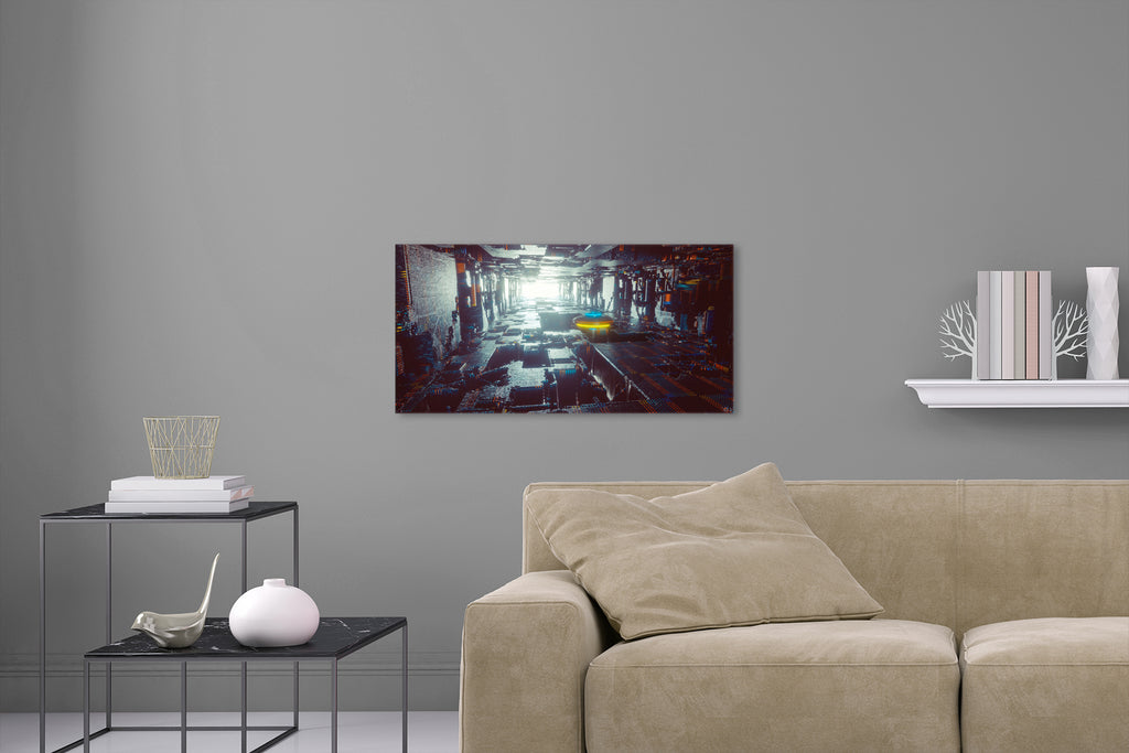 Aufgehängte Futuristische Stadt Fotografie mit einem Raumschiff im Panorama Format. Fotokunst und Bilder online kaufen. Wandbild hinter Acrylglas oder als Poster