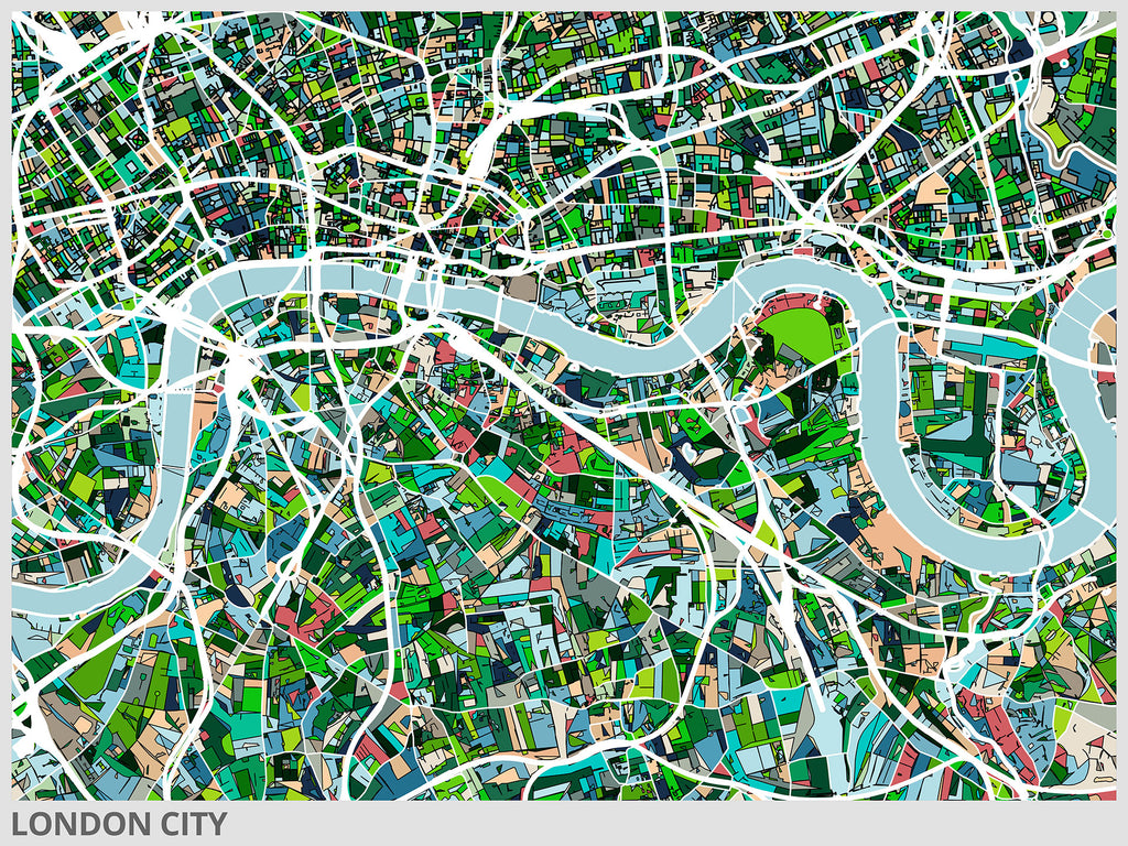 Fotografie einer abstrakten bunten Stadt Karte von London. Fotokunst und Bilder online kaufen. Wandbild hinter Acrylglas oder als Poster