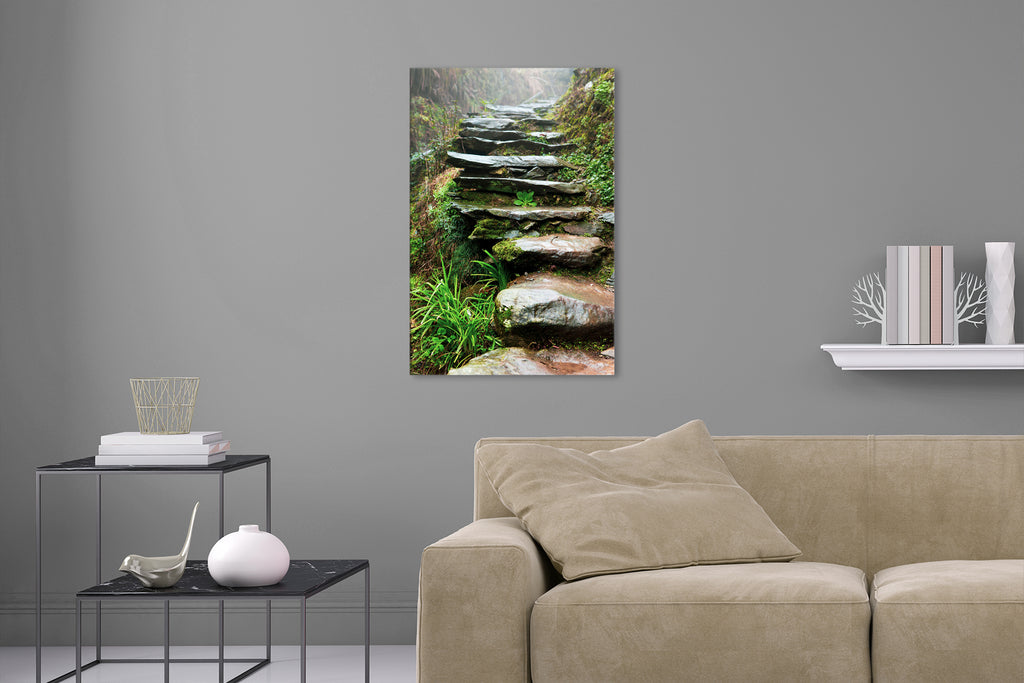 Aufgehängte Natur Fotografie von einer natürlichen Stein Treppe im Regen im Hochformat. Fotokunst und Bilder online kaufen. Wandbild hinter Acrylglas oder als Poster