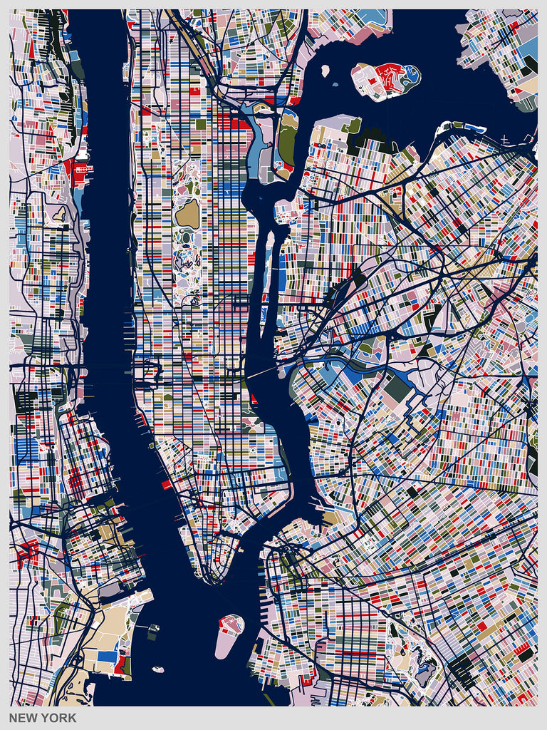 Fotografie einer abstrakten bunten Stadt Karte von New York. Fotokunst und Bilder online kaufen. Wandbild hinter Acrylglas oder als Poster