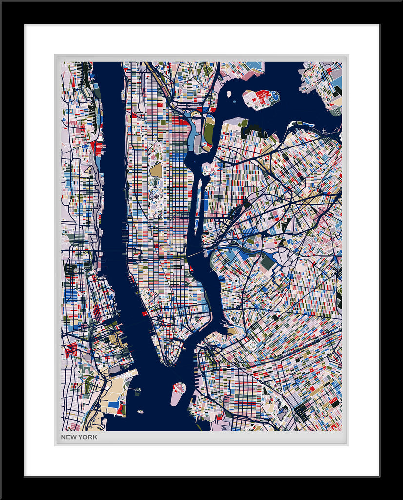 Fotografie einer abstrakten bunten Stadt Karte von New York. Fotokunst und Bilder online kaufen. Wandbild im Rahmen
