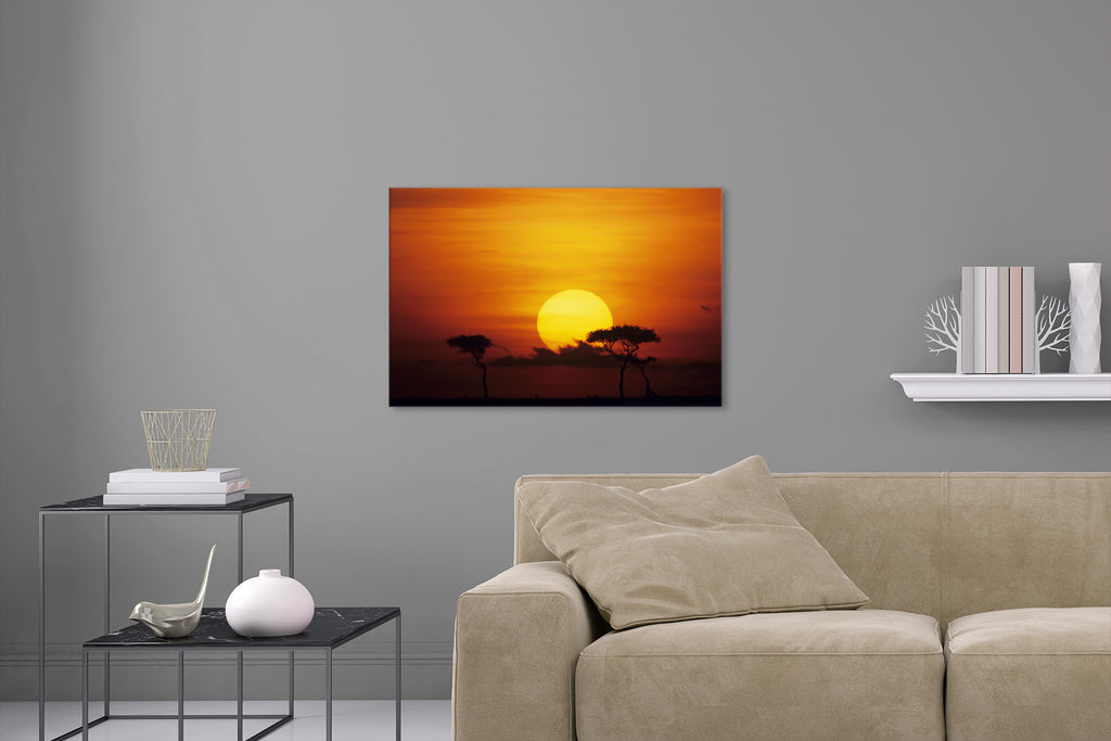 Aufgehängte Natur Landschafts Fotografie eines Sonnenaufgangs in der Savanne in Afrika. Fotokunst und Bilder online kaufen. Wandbild hinter Acrylglas oder als Poster