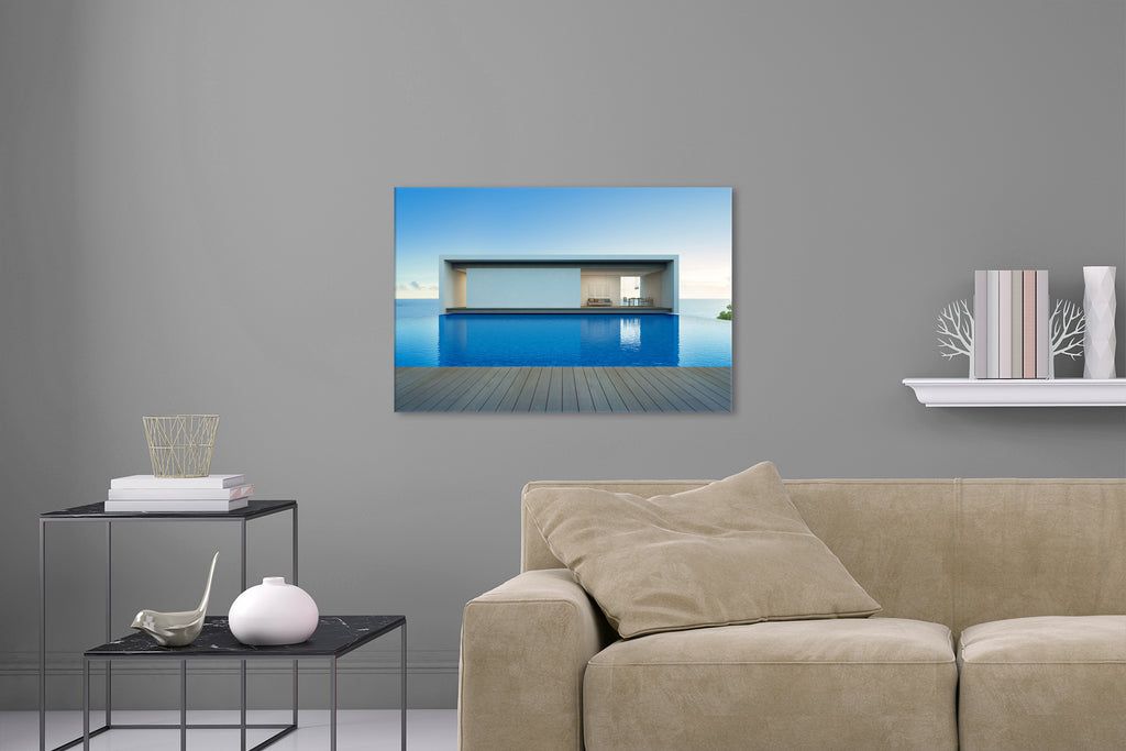 Aufgehängte Architektur Fotografie von einem modernen Haus mit Pool am Meer. Fotokunst und Bilder online kaufen. Wandbild hinter Acrylglas oder als Poster