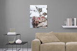 Aufgehängte Tier Fotografie von Affen in einer heißen Quelle im Winter. Fotokunst und Bilder online kaufen. Wandbild hinter Acrylglas oder als Poster