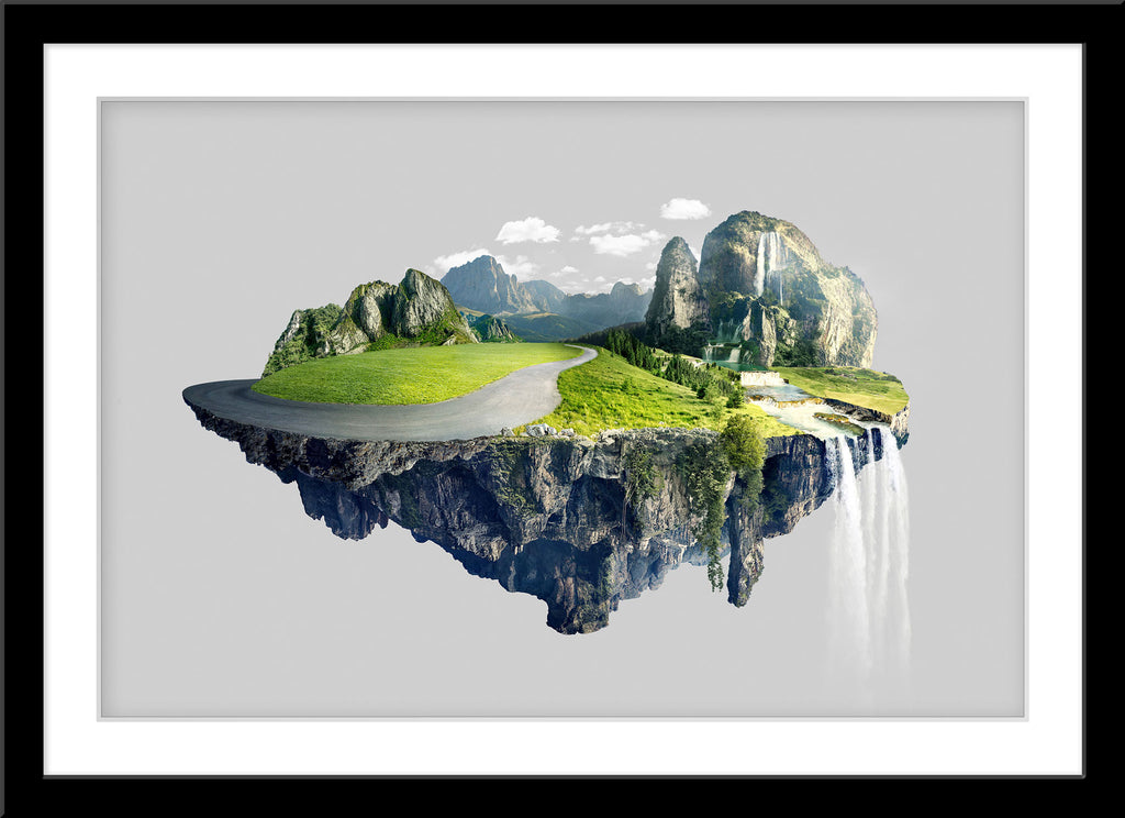 Abstraktes Fotografie Komposing von einer fliegenden Insel im Sommer. Fotokunst und Bilder online kaufen. Wandbild im Rahmen