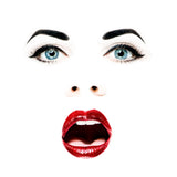 People Fotografie von einem überbelichteten Frauen Gesicht mit roten Lippen und blauen Augen. Fotokunst und Bilder online kaufen. Wandbild hinter Acrylglas oder als Poster