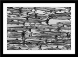 Schwarz-Weiß Tier Fotografie von einem Barrakuda Fischschwarm. Fotokunst und Bilder online kaufen. Wandbild im Rahmen