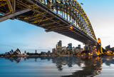 Architektur Stadt Fotografie der Skyline von Sydney mit der Sydney Harbour Bridge und der Sydney Oper. Fotokunst und Bilder online kaufen. Wandbild hinter Acrylglas oder als Poster