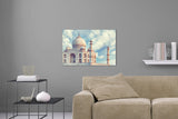 Aufgehängte Architektur Fotografie des Taj Mahal in Indien. Fotokunst und Bilder online kaufen. Wandbild hinter Acrylglas oder als Poster