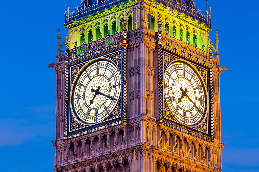 Architektur Fotografie der Uhr des Big Bens in London. Fotokunst und Bilder online kaufen. Wandbild hinter Acrylglas oder als Poster