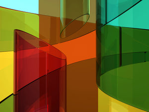 Abstrakte Fotografie von grünen, gelben und roten Röhren im Querformat. Fotokunst und Bilder online kaufen. Wandbild hinter Acrylglas oder als Poster