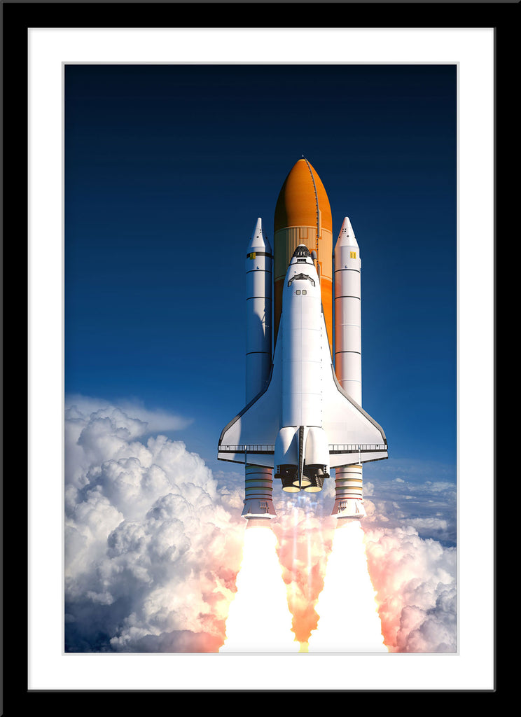 Fotografie von einem Space Shuttle Raketen Start im Hochformat. Fotokunst und Bilder online kaufen. Wandbild im Rahmen