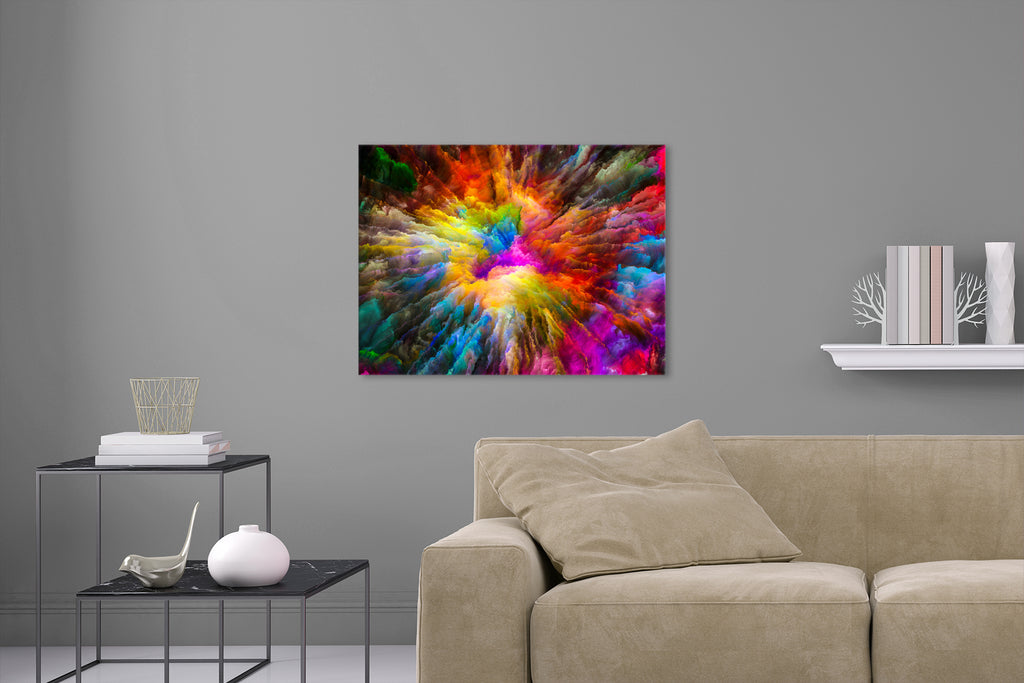 Aufgehängte Abstrakte Fotografie von farbiger Explosion. Fotokunst und Bilder online kaufen. Wandbild hinter Acrylglas oder als Poster