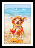 Tier Fotografie von einem kleinen Hund Chihuahua mit Taucher Outfit am Stand im Hochformat. Fotokunst und Bilder online kaufen. Wandbild im Rahmen