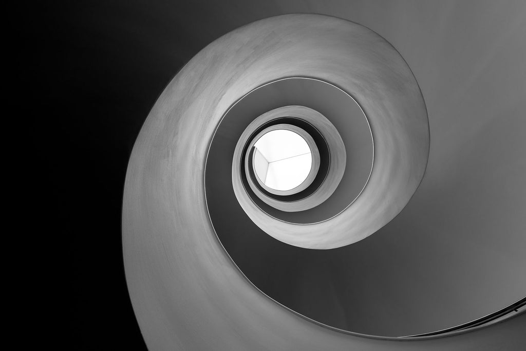 Schwarz-Weiß Architektur Fotografie von einer Wendeltreppe von unten die eine Schnecke bildet. Fotokunst und Bilder online kaufen. Wandbild hinter Acrylglas oder als Poster