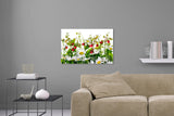 Aufgehängte Natur Blumen Fotografie von Kamillen Blüten und wilden Erdbeeren. Fotokunst und Bilder online kaufen. Wandbild hinter Acrylglas oder als Poster