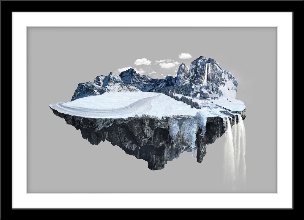 Abstrakte Landschafts Fotografie Komposing von einer fliegenden Insel im Winter. Fotokunst und Bilder online kaufen. Wandbild im Rahmen