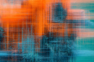Abstrakte Fotografie von einem blauen orangenen Kabelsalat. Fotokunst und Bilder online kaufen. Wandbild hinter Acrylglas oder als Poster