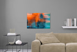 Aufgehängte Abstrakte Fotografie von einem blauen orangenen Kabelsalat. Fotokunst und Bilder online kaufen. Wandbild hinter Acrylglas oder als Poster