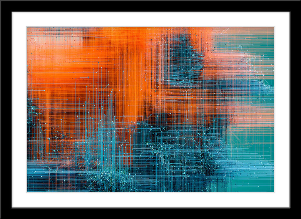 Abstrakte Fotografie von einem blauen orangenen Kabelsalat. Fotokunst und Bilder online kaufen. Wandbild im Rahmen